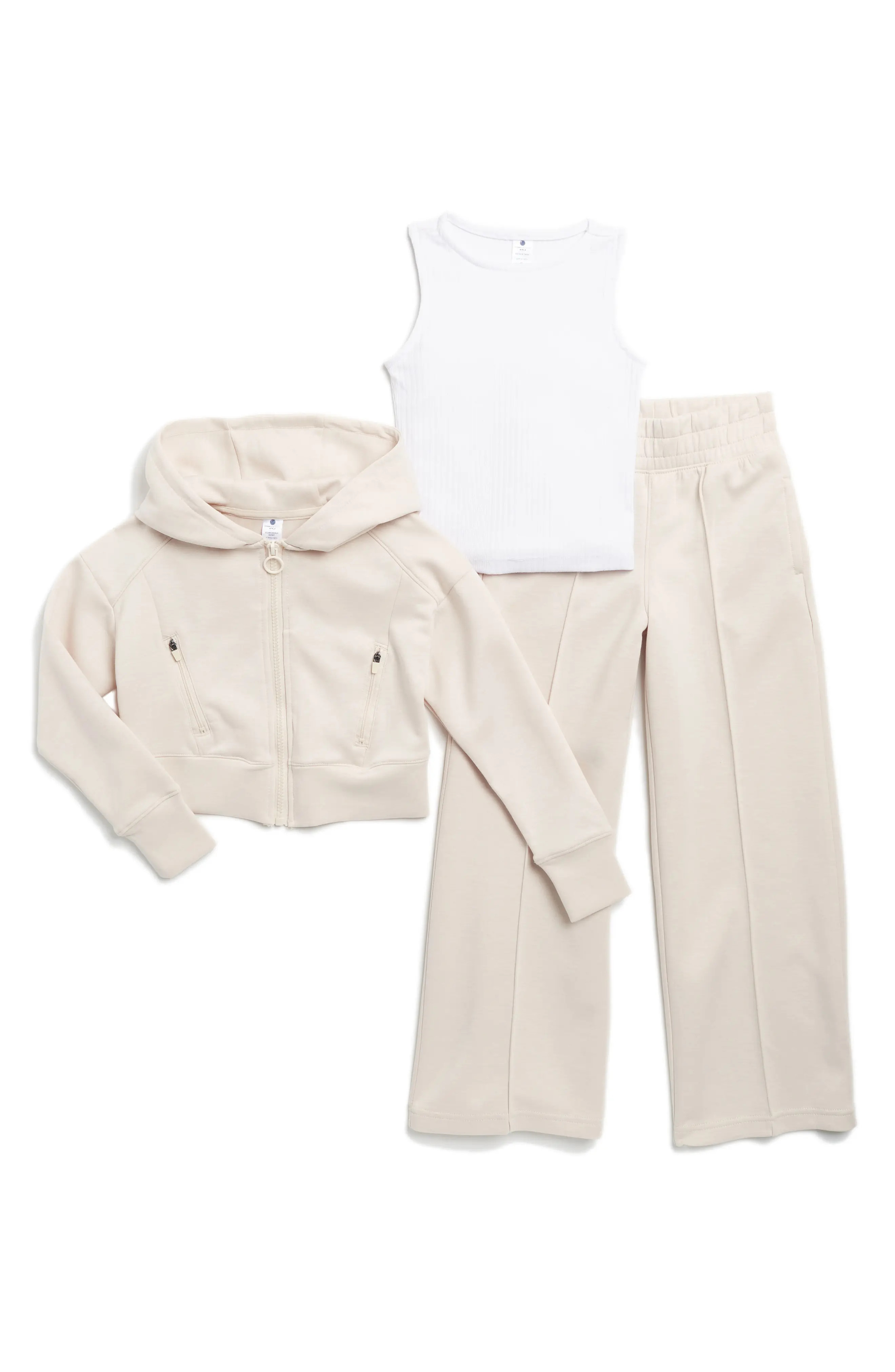YOGALICIOUS Kids' Dahlia Scuba Sleeveless Top, Full Zip Hoodie & Flare Leggings Set (Women) | Nor... | Nordstrom Rack