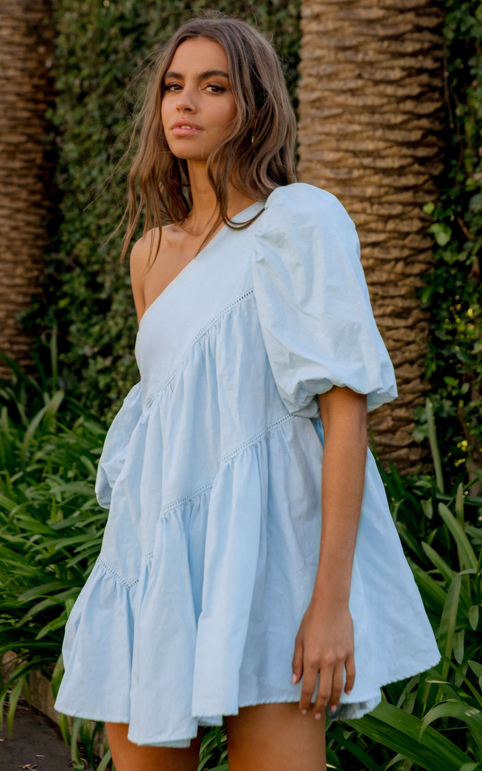 Harleen Mini Dress - Asymmetrical Trim Puff Sleeve Dress in Light Blue | Showpo (US, UK & Europe)