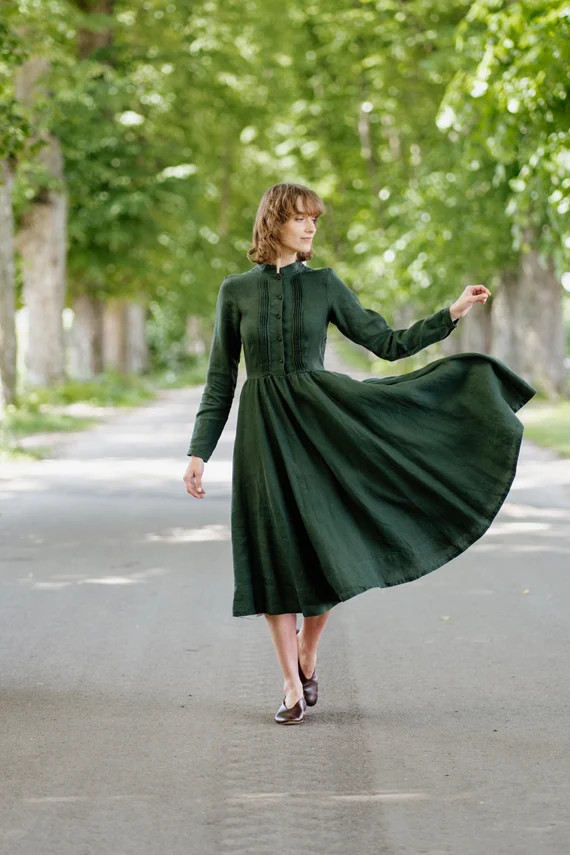 GREEN LINEN DRESS  Edwardian Wedding Dress Vintage Dresses - Etsy France | Etsy (FR)