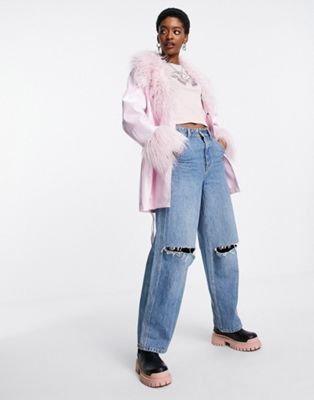 ASOS DESIGN faux leather mum jacket with fur collar in pink | ASOS (Global)