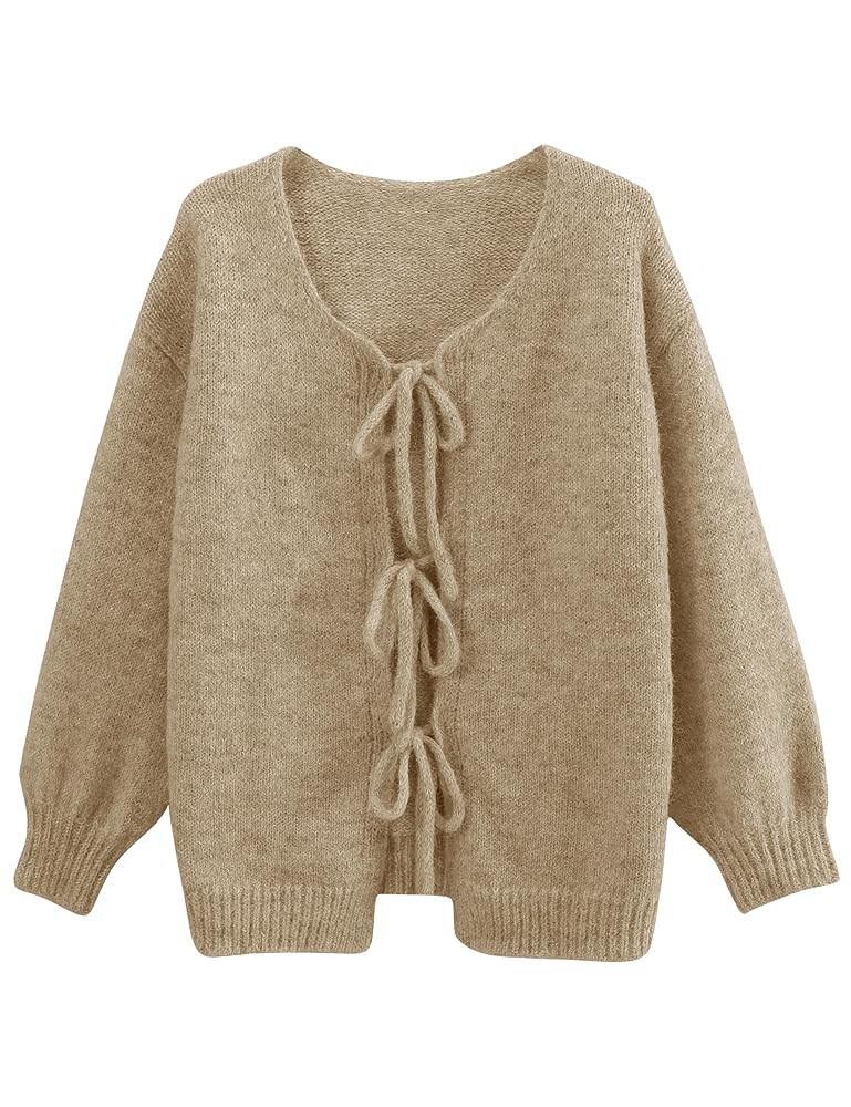 Lumister Cute Oversized Cardigan Sweaters for Women Y2K Long Sleeve V Neck Bow Tie Front Cadigan ... | Amazon (US)