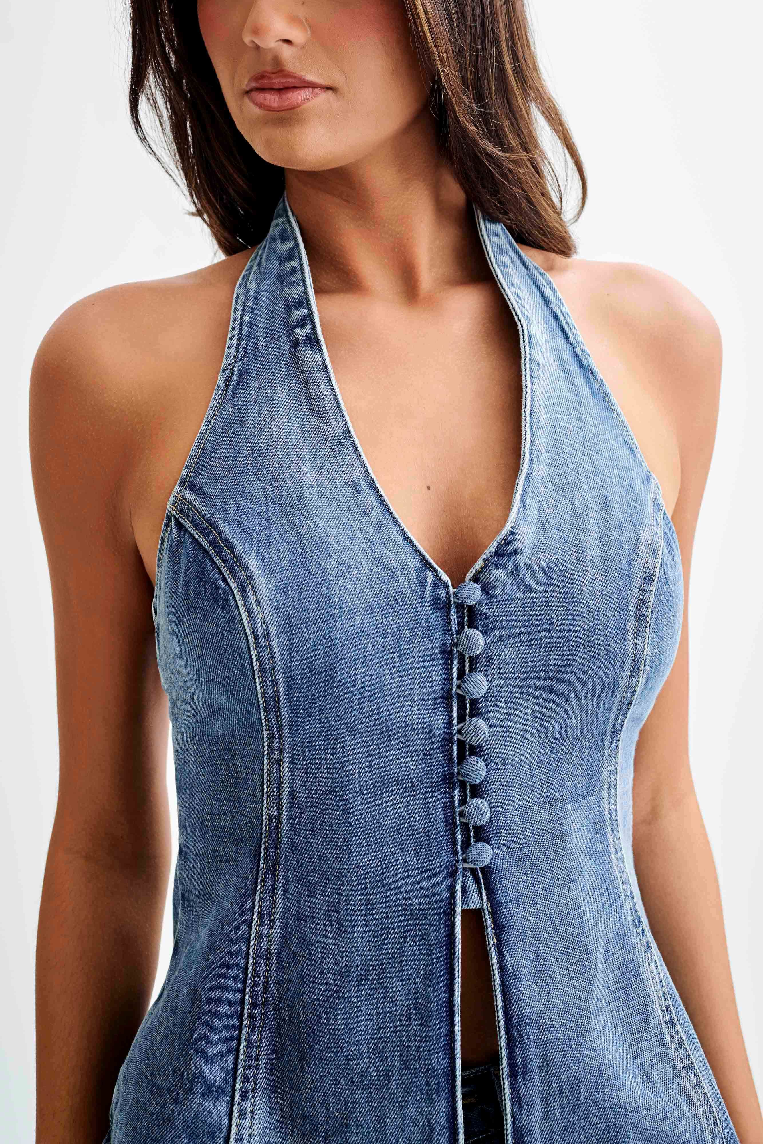 India Button Front Halter Denim Longline Top - Washed Mid Blue | MESHKI US