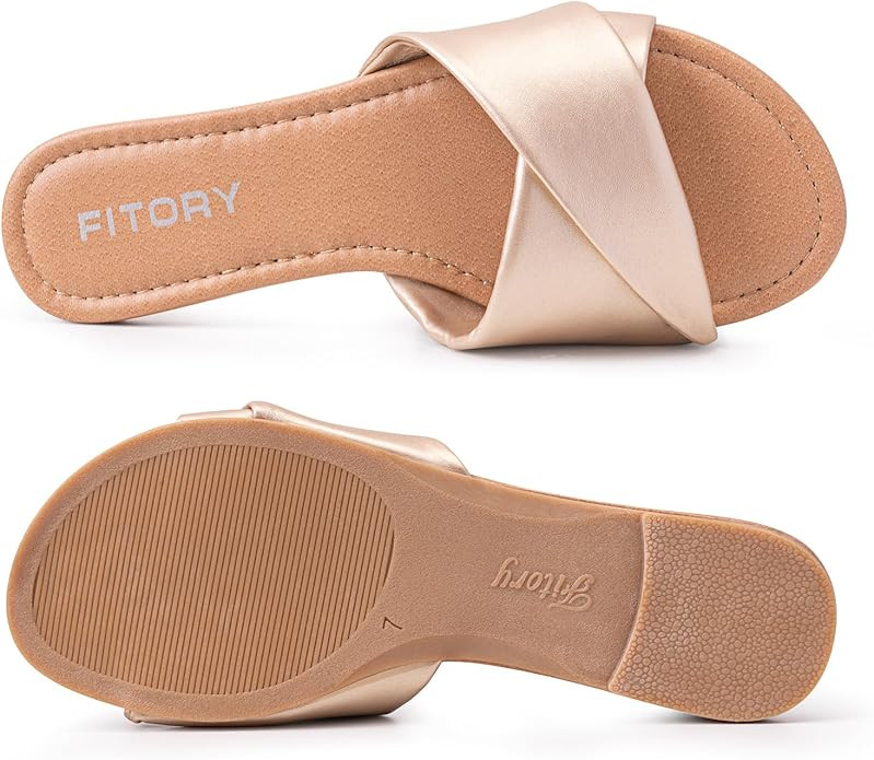 FITORY Women's Flat Sandals Fashion Slides With Soft Leather Slippers for Summer Size 6-11 | Amazon (US)
