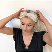 Beautiful dark ivory beige silky velvet flock covered knot headband with scattered faux pearls Matad | Etsy (US)