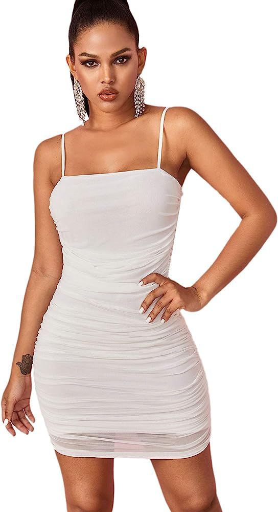 SheIn Women's Sexy Sleeveless Spaghetti Strap Ruched Mesh Cami Bodycon Dress | Amazon (US)