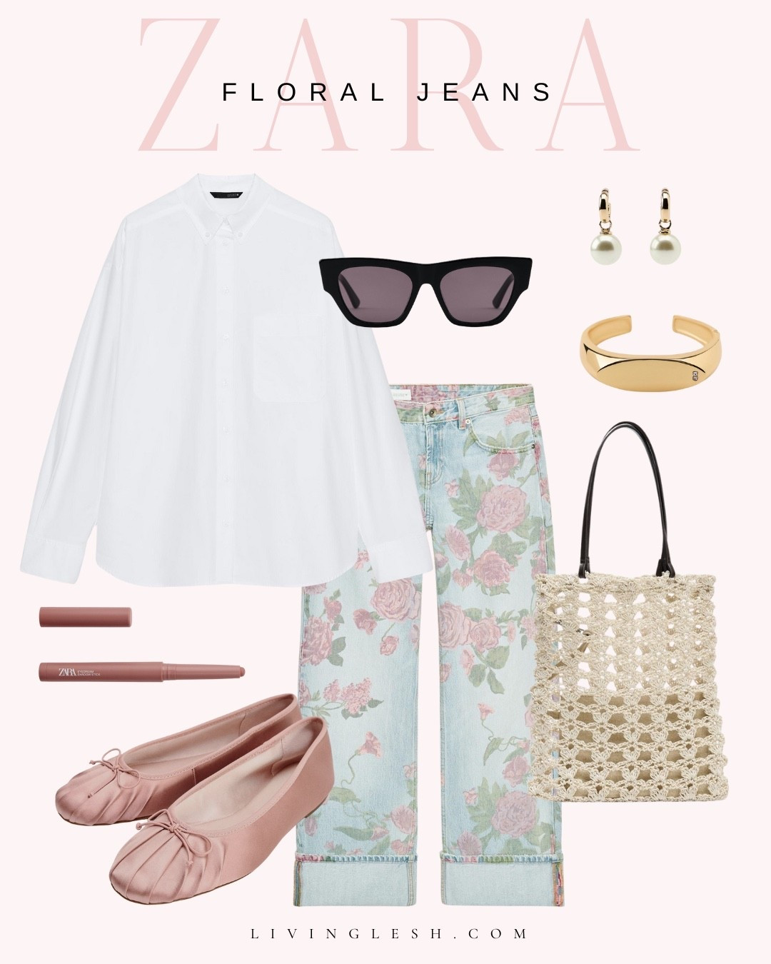 Zara | Zara outfit | Zara style | Floral jeans | Printed jeans | Floral denim | Denim trends | Button down shirt | Blouse | Ballet flats | Flats | Sunglasses | Spring outfit | Spring style | Casual style

#LTKootd #LTKSeasonal #LTKPetite