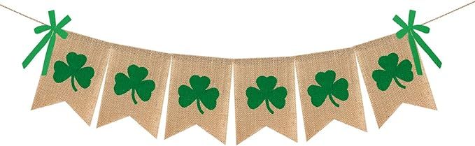 Adurself St. Patrick's Day Burlap Banner Garland Shamrock Clover Rustic Burlap Irish Lucky Day Ju... | Amazon (US)