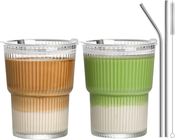 13oz Iced Coffee Cups,2Pcs Glass Cups with Lids and Straws Drinking Glasses,Clear Ribbed Glasswar... | Amazon (US)