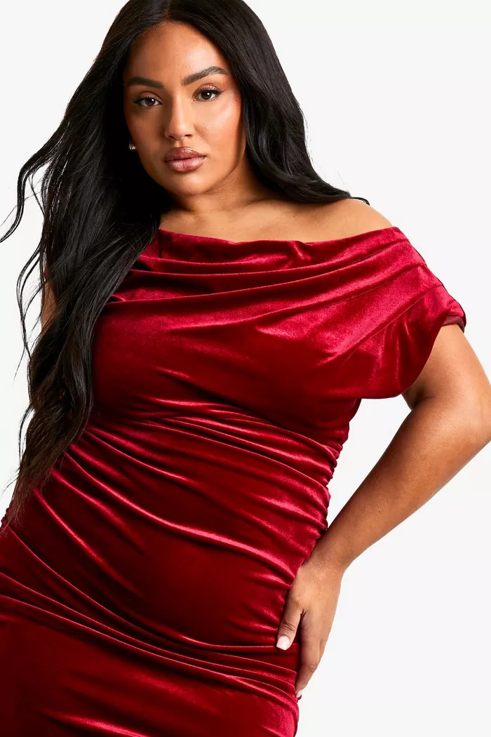 Plus Velvet Asymmetric Ruched Midi Dress | boohoo (US & Canada)
