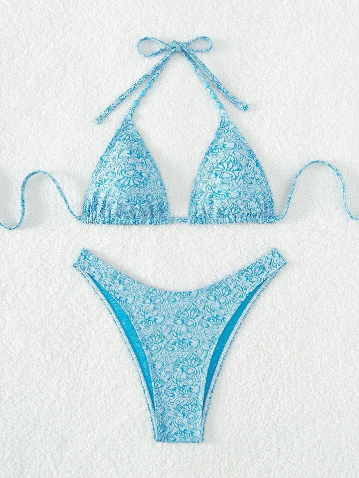 SHEIN Swim Summer Beach Floral Halter Triangle Bikini Set | SHEIN