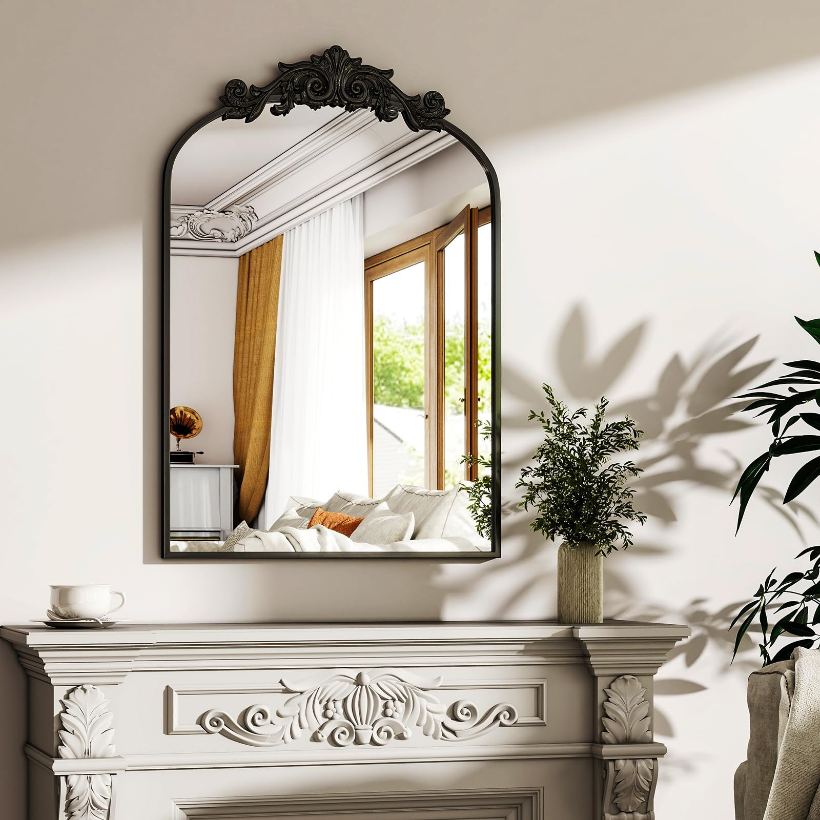 Antique Mirror, 30"x20" Vintage Black Arched Wall Mirror, Baroque Metal Frame, Brass Mirror for B... | Amazon (US)