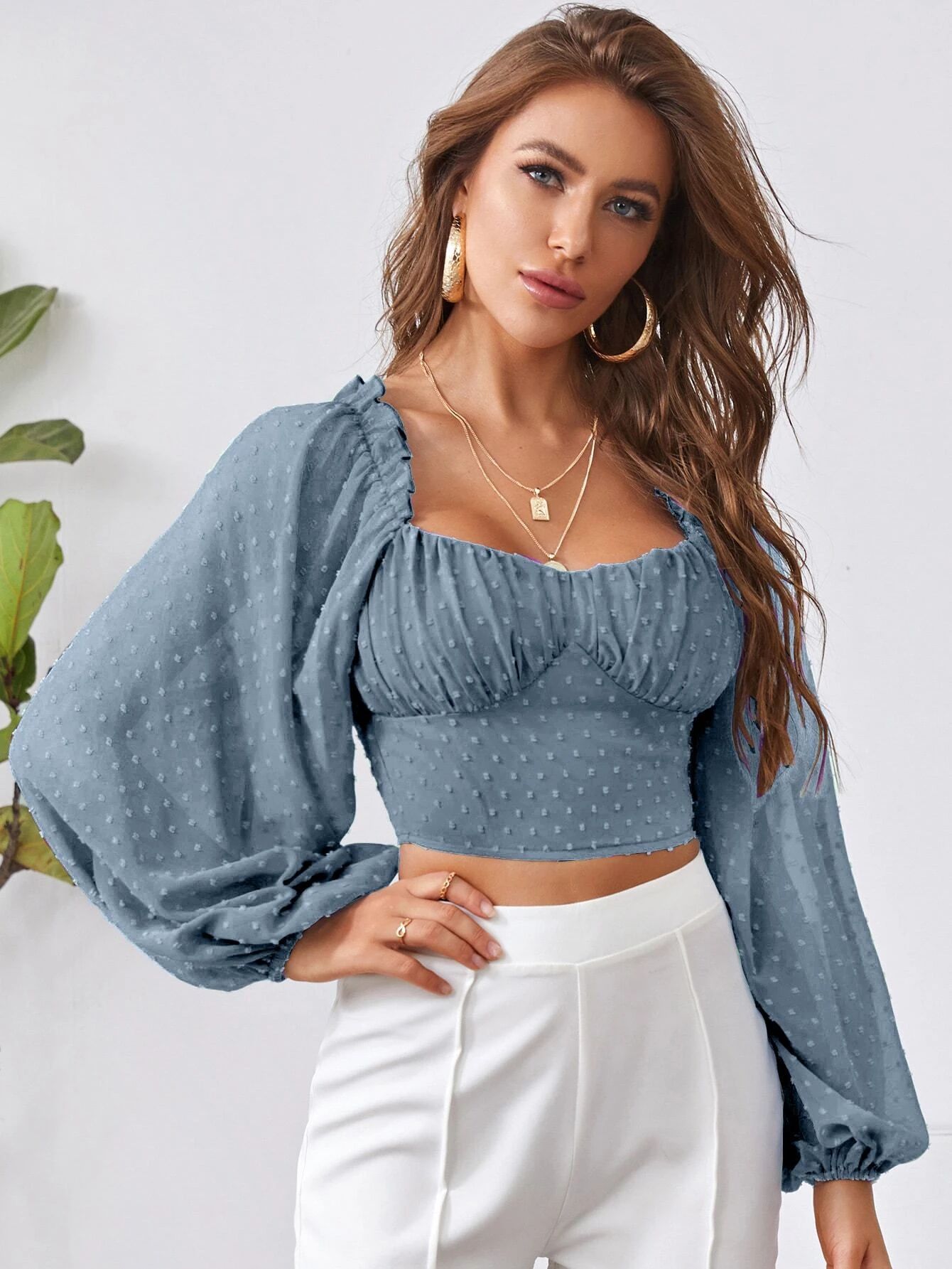 Frill Trim Lantern Sleeve Swiss Dot Top | SHEIN