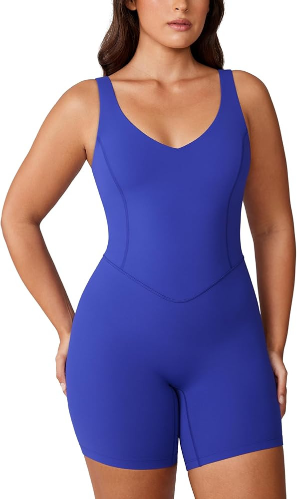 Hugcurve V Neck Jumpsuits for Women Workout One Piece Athletic Rompers with Built in Bra Sleevele... | Amazon (US)