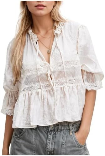 Women’s Boho Lace Crop Top, Tie Front Ruffle Short Sleeve Sheer Flowy Peasant Blouse, Y2K Going... | Amazon (US)