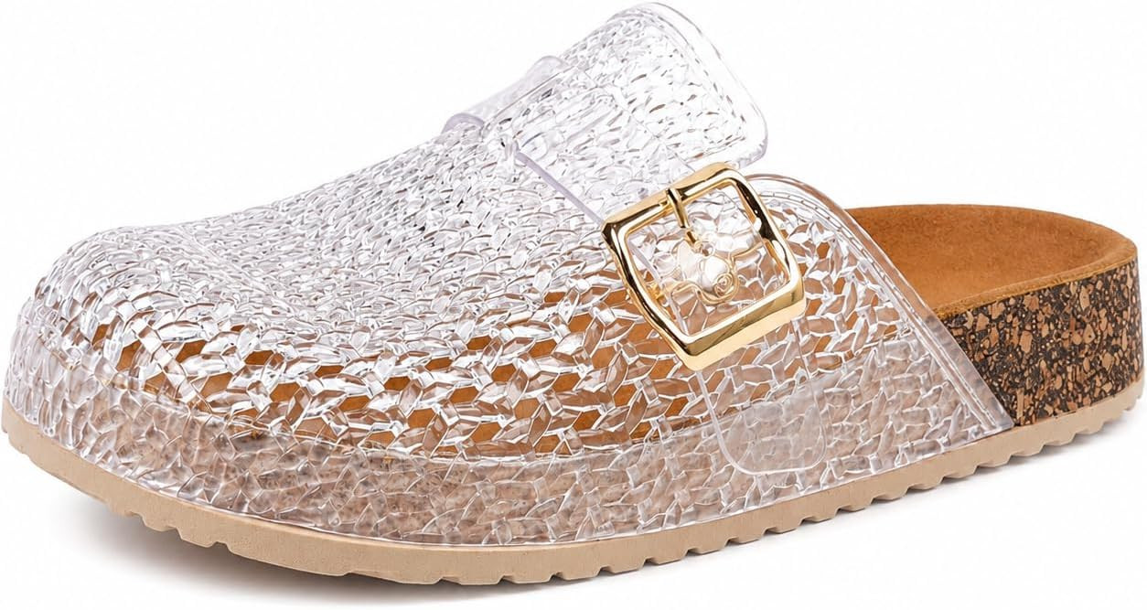 Clear Jelly Mules Clogs for Women Slip On Closed Round Toe Mesh Hollow Flat Jelly Shoes Sandals with Adjustable Buckle Non-Slip Beach Jellies Slides Flats Shoes | Amazon (US)