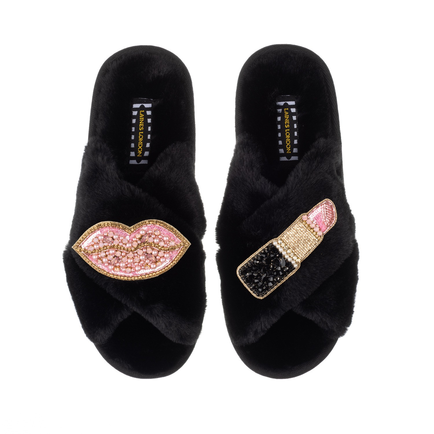 Classic Laines Slippers With Artisan Pink Pucker Up Brooches - Black | Wolf & Badger (US)