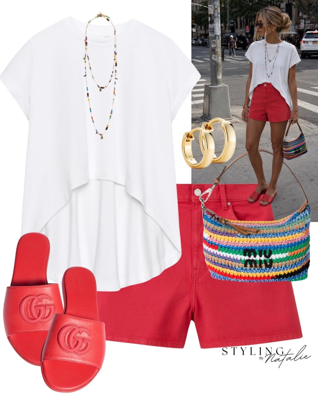 Red high rise denim shorts, white cotton asymmetrical flowy top cropped in the front and long at the back, Gucci red sandals, Miu Miu stripe crochet pouch bag, gold hoop earrings and colourful beaded chain necklace. ❤️‍🔥
Summer outfit, red jean shorts, pop of red, everyday style, casual chic, mom shorts, elevated casual, white t shirt look, Gucci slides, summer trends, holiday outfit @Zara

#LTKsummer #LTKeurope #LTKjeans