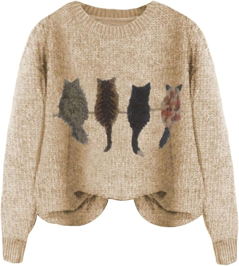 WDIRARA Women's Cat Graphic Sweater Long Sleeve Crew Neck Knit Tops | Amazon (US)