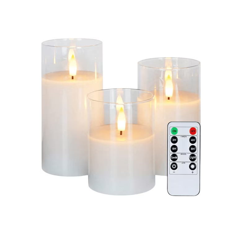 Flameless LED Pillar Candles, 3 Pack, White Glass, Battery Operated, Timer, Remote Control | Walmart (US)