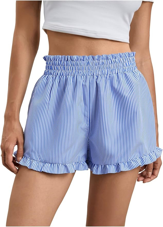 MakeMeChic Women's Gingham Ruffle Boxer Shorts Elastic High Waist Pajamas Lounge Shorts | Amazon (US)