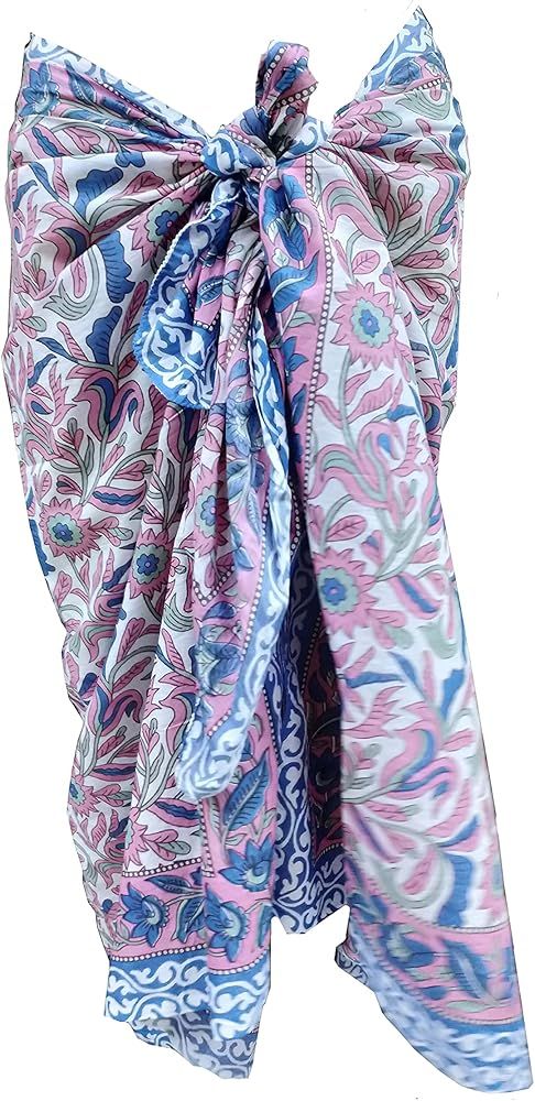 Amazon.com: FIKIMOS Cotton Hand Block Print Sarong Womens Cover Up Swimsuit Wrap Long (73" x 44")... | Amazon (US)