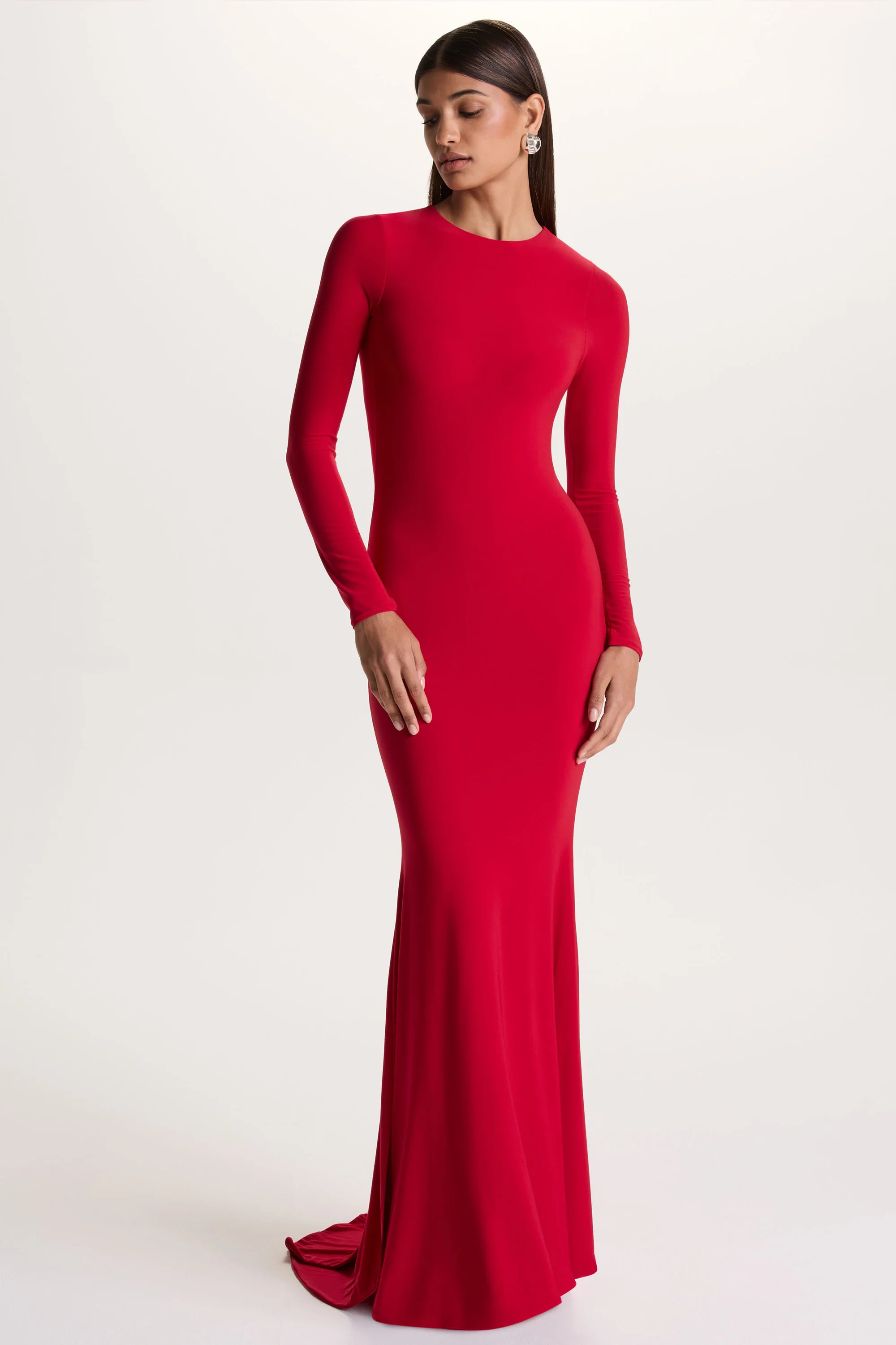 One Step Ahead | Red Long Sleeve Backless Fishtail Maxi Dress | Club L London
