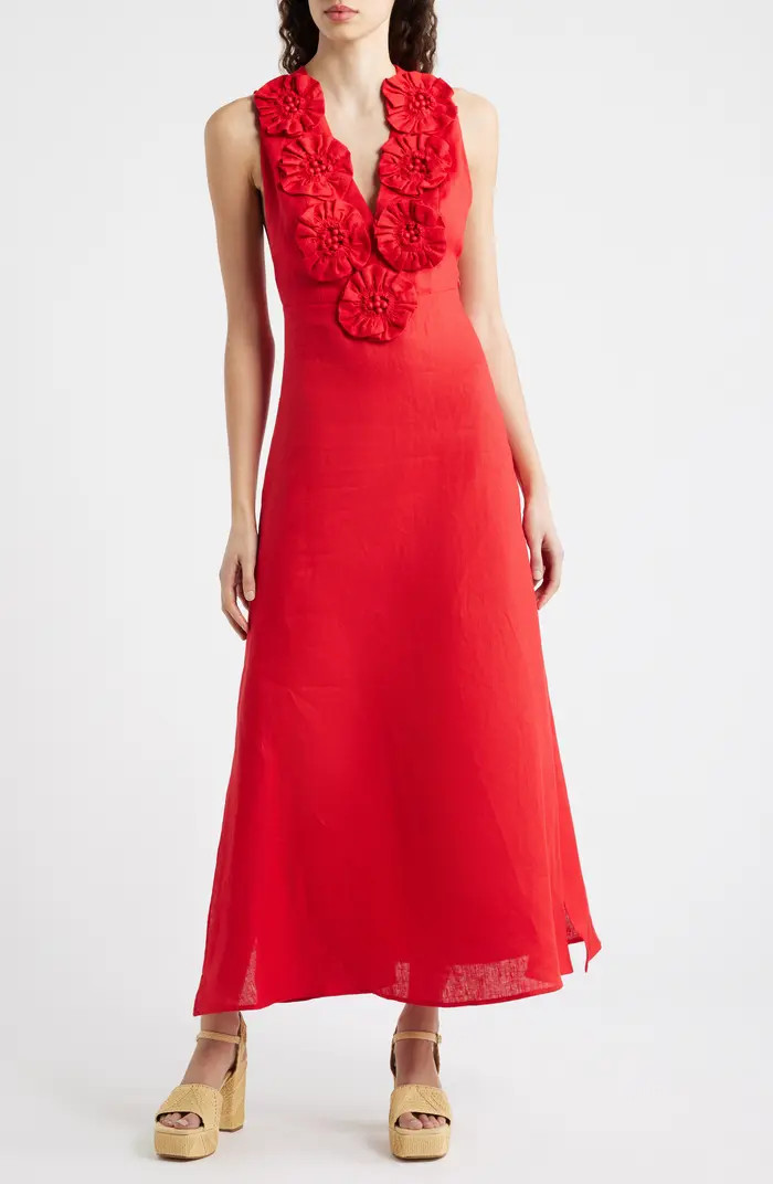 Floral Appliqué Linen Midi Dress | Nordstrom