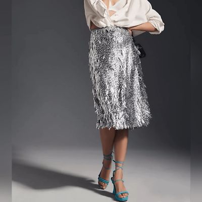 Anthropologie Silver Sequin Fringe Midi Skirt Size 8 NWT  | eBay | eBay US