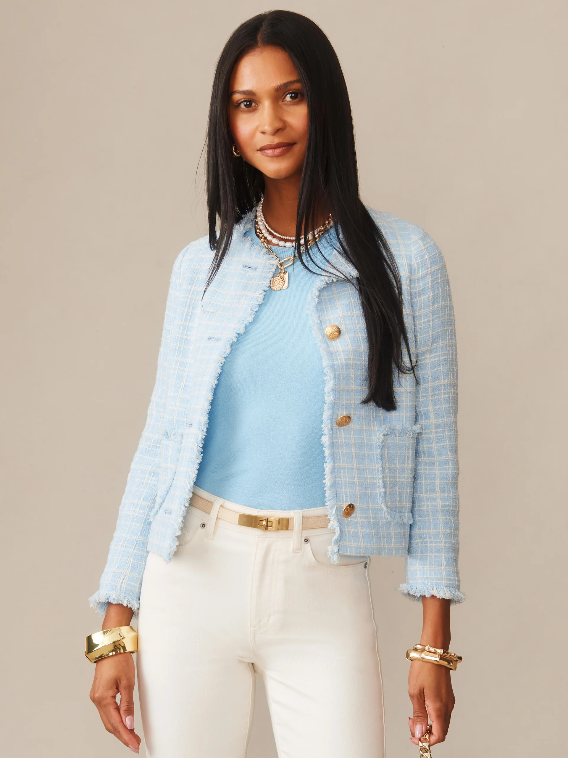 Lt_Blue/Off_White Mini Window Pane Abigail Boucle Jacket | Women's Jackets & Outerwear | J.McLaug... | J.McLaughlin