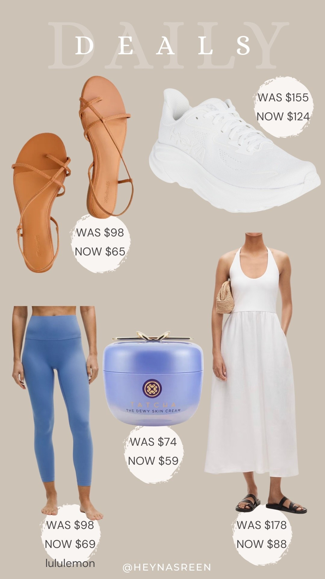 Daily deals on Madewell sandals, Hoka tennis shoes, J.Crew dress, Tatcha moisturizer, lululemon leggings
