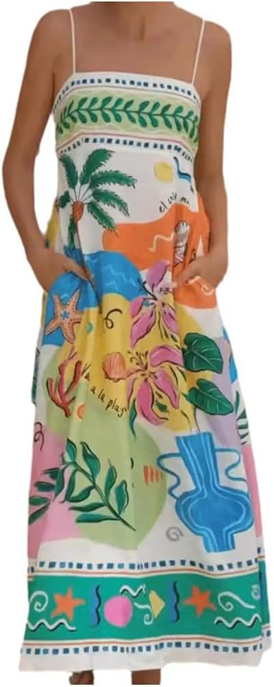 Women Spaghetti Strap Graffiti Maxi Dress Cute Print Maxi Cami Dress Boho Beach Vacation Dresses | Amazon (US)