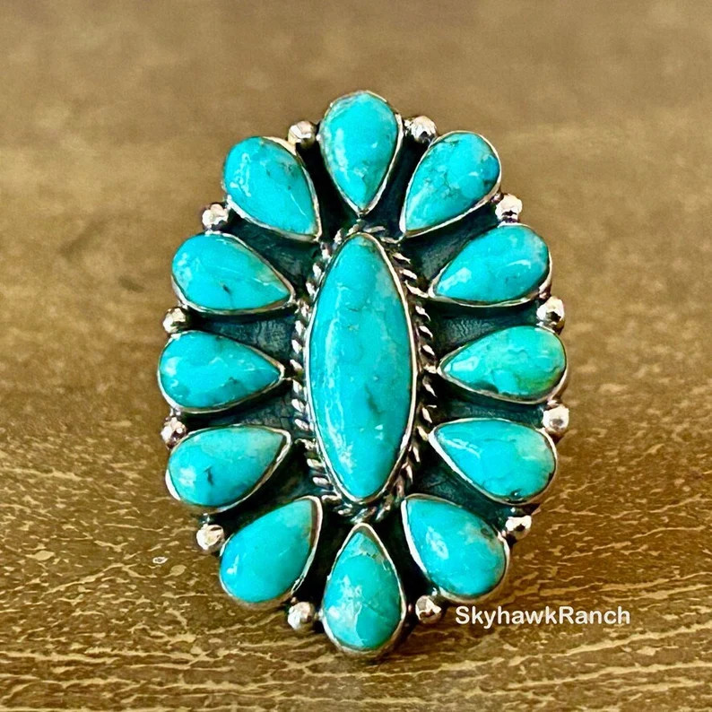Genuine Turquoise Silver Cluster Ring Southwest Style Squash Blossom Turquoise Ring Petit Point T... | Etsy (US)