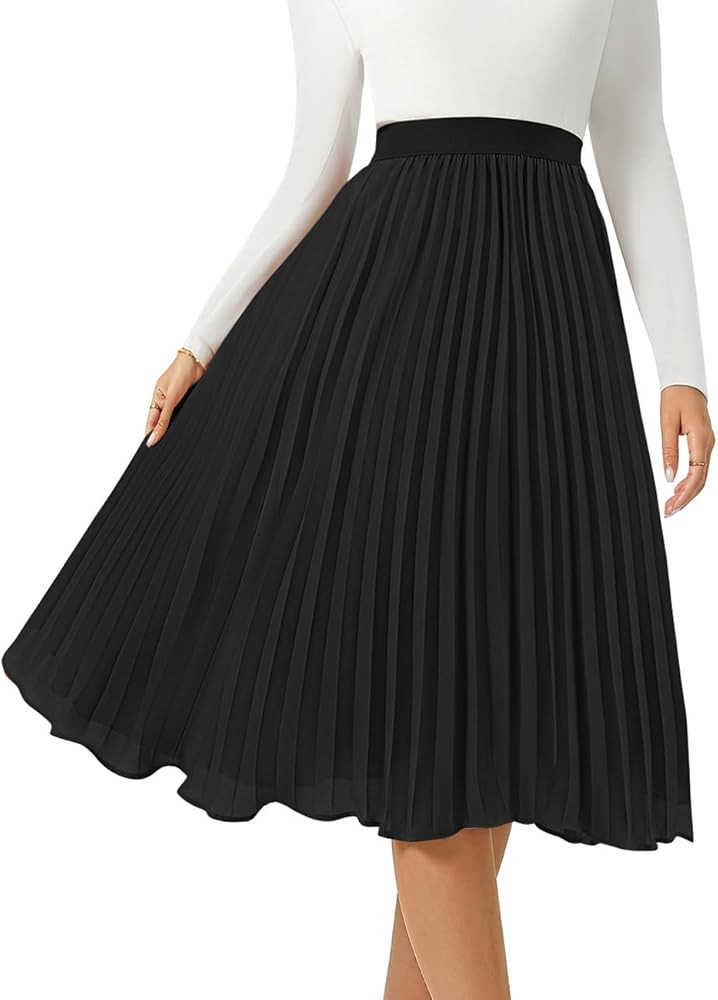Women's Midi Skirt Elastic High Waist Pleated Skirt Knee Length Swing A-Line Casual Flowy Skirts ... | Amazon (US)