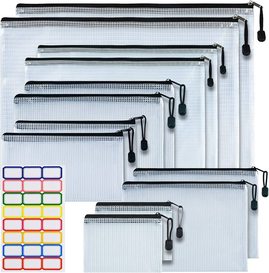 12 Pcs Plastic Mesh Zip File Bags, Waterproof Tear-Resistant Document File Folders, MultiSize Zip... | Amazon (US)
