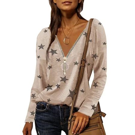 DYMADE Women Zip V neck Long Sleeve Sweatshirt Star Print Casual Tunic Tops | Walmart (US)