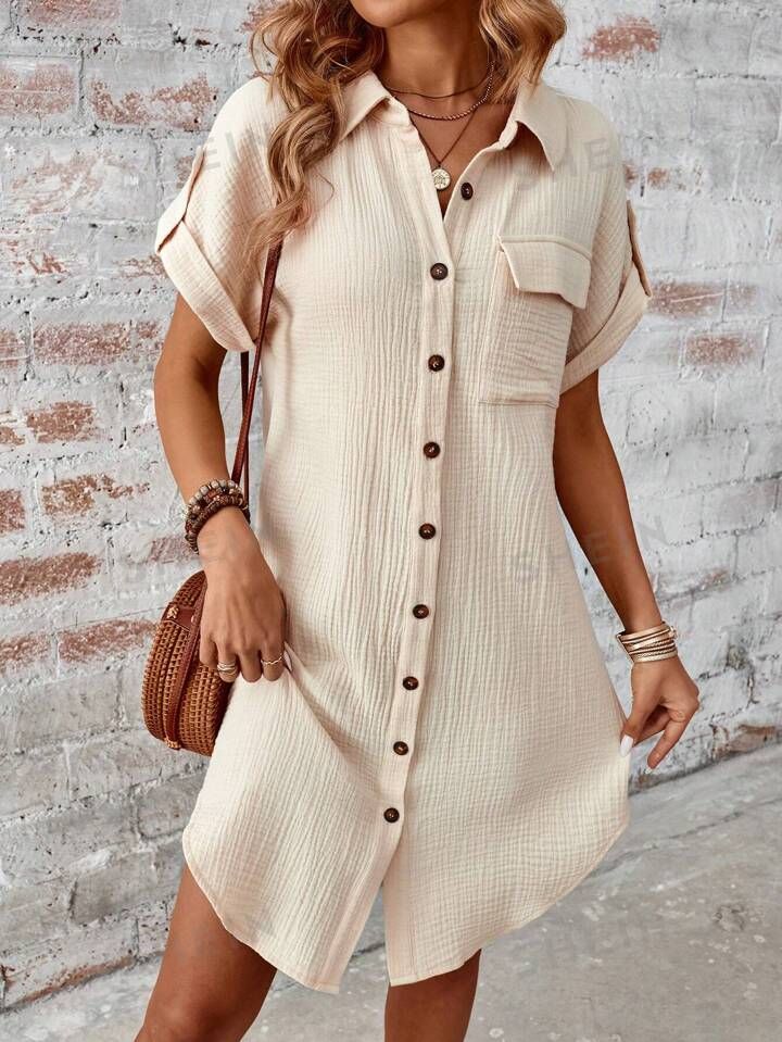 SHEIN LUNE Summer Ladies' Lapel Plaid Buttoned Shirt Dress With Sleeve Straps, Drop Shoulder Half... | SHEIN