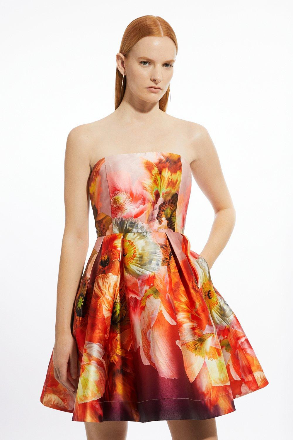 Placed Floral Print Woven Prom Mini Dress | Karen Millen US