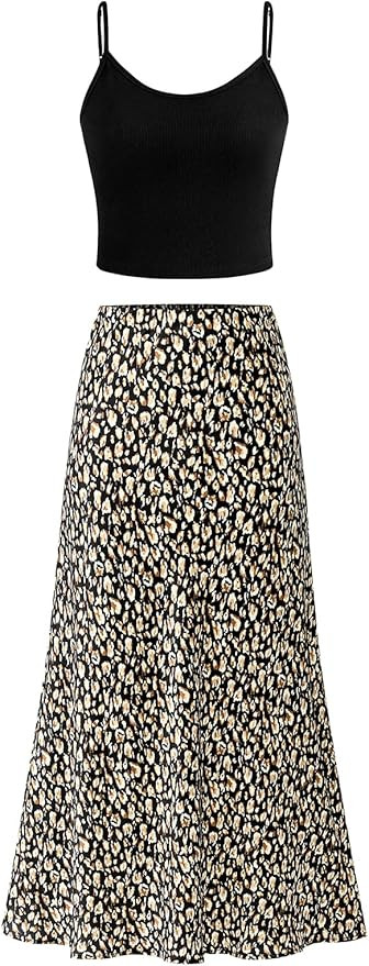 PRETTYGARDEN High Waisted Floral Maxi Skirt Sets Women 2 Piece Outfits Summer Cropped Cami Tank T... | Amazon (US)