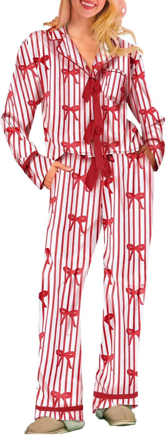Luckinbaby Women Christmas Satin 2 Piece Pajamas Set Bow Tie Long Sleeve Shirts Pants Santa Claus... | Amazon (US)