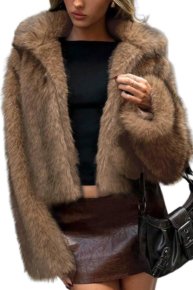 ELLEVEN Women's Two-Tone Faux Fur Coat - Fluffy Winter Jacket with Lapel Collar, Hooks & Pockets | Amazon (US)