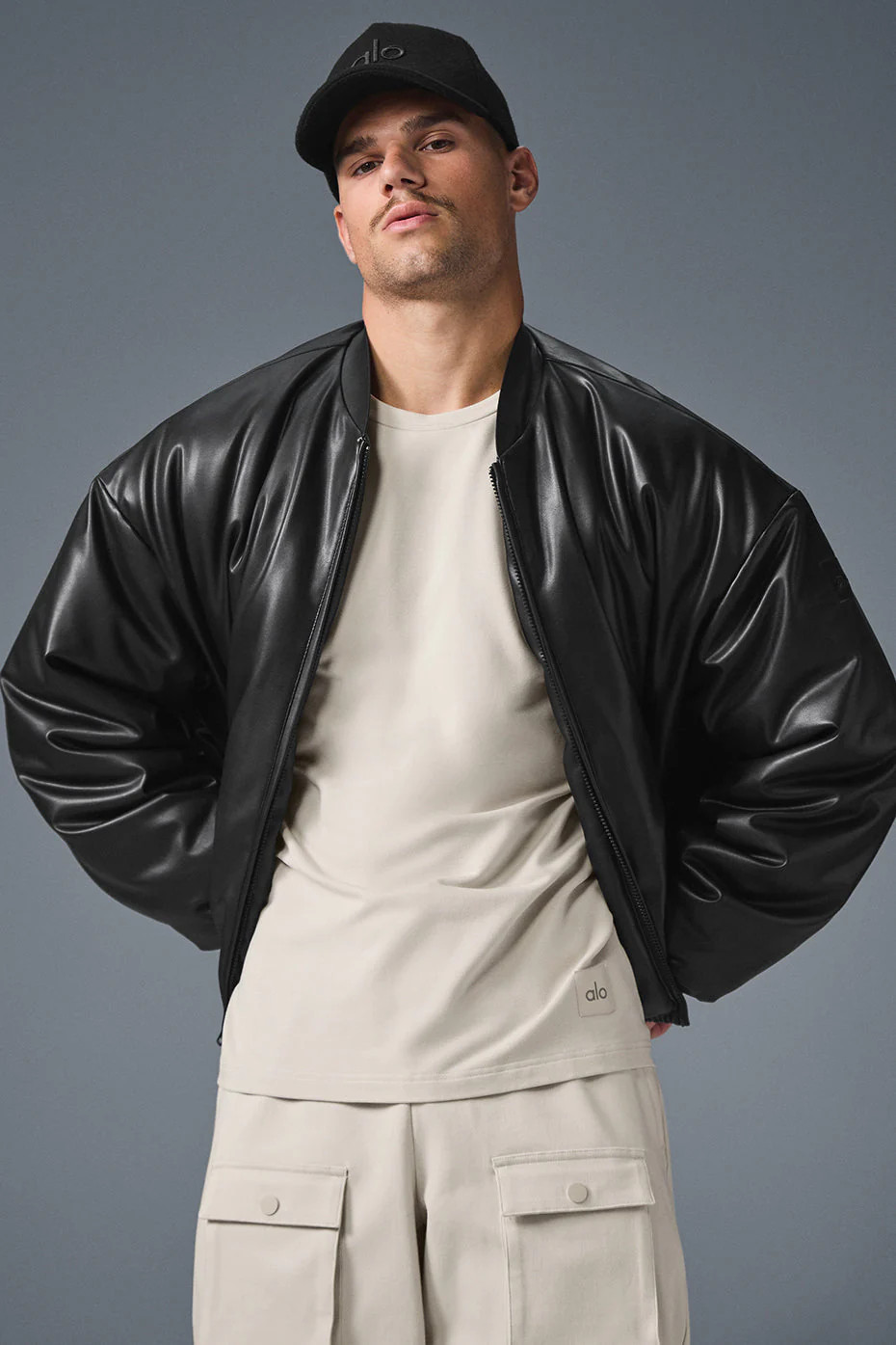 ALO | Faux Leather Premier Bomber Jacket in Black, Size: 2XL | Alo Yoga (US)