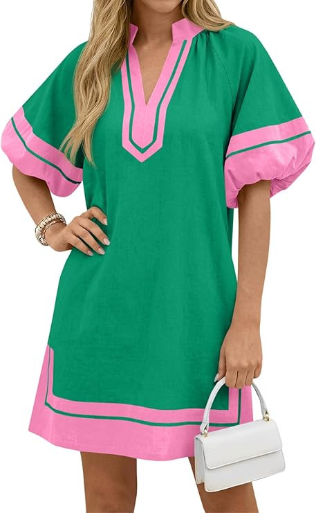 Wenrine Womens Summer Mini Dress Puff Sleeve Casual V Neck Color Block Side Slit Loose Shirt Dres... | Amazon (US)