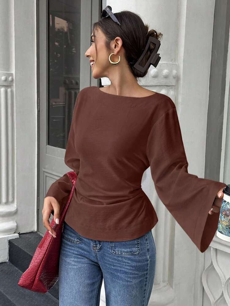 Selianne Damen Herbst & Winter Büro/Arbeits Bluse Mit Geraffter Taille Und Weiten Ärmeln | SHEIN