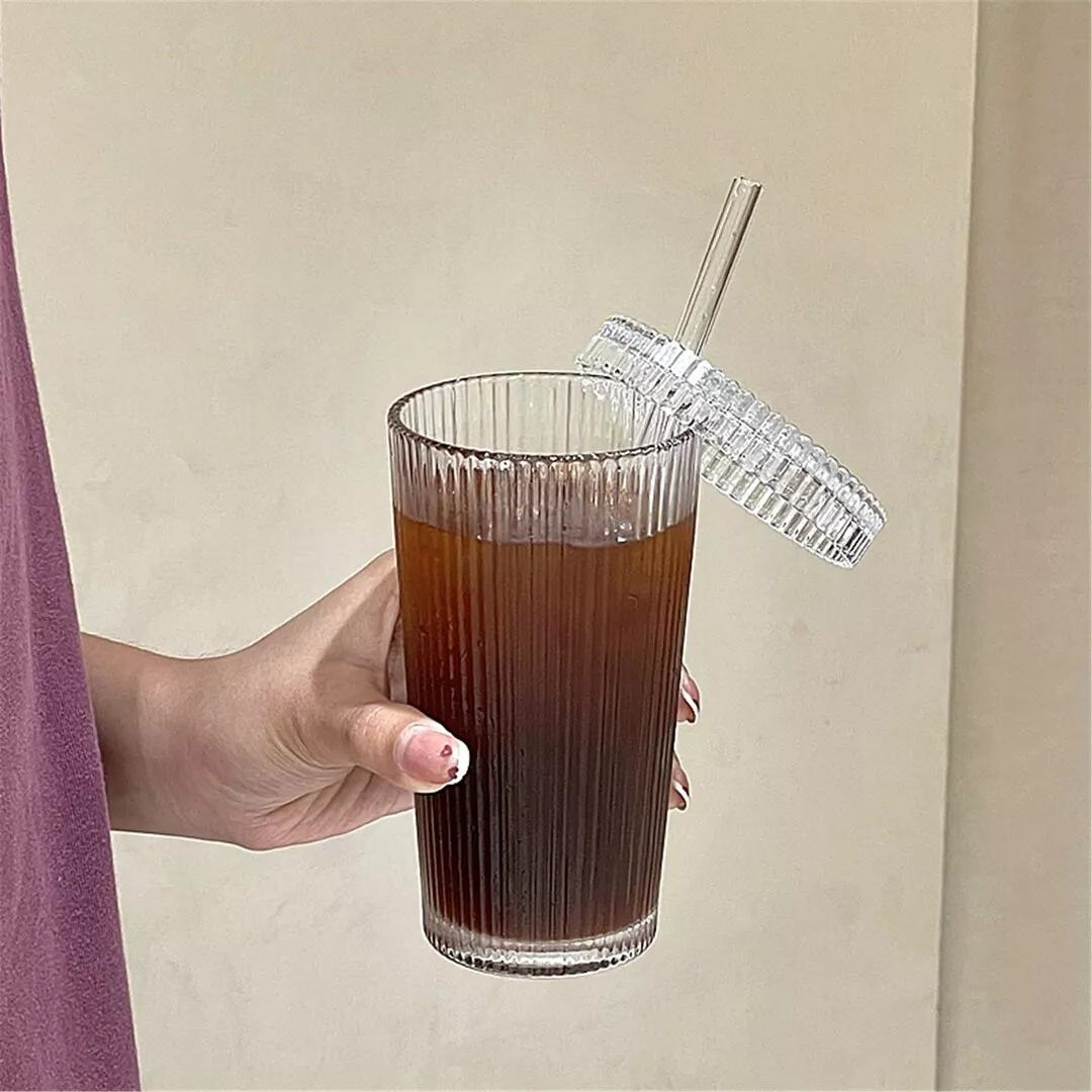 Large Glass With Straw and Lid Coffee Cup Ribbed Large Glass Ice Coffee  Drinkware Glassware Gift 