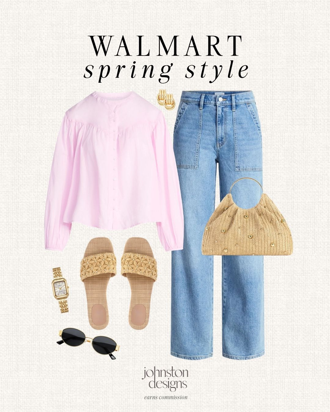 Soft spring staples from Walmart! 🌸 This blouse + light wash denim combo is giving effortless, feminine everyday style. Paired with woven textures and gold details for that elevated but easy look. 🤍

Walmart spring outfit, blush button blouse, light wash straight jeans, woven slide sandals, straw handbag, gold accessories outfit, neutral spring style, affordable fashion finds, casual chic outfit, everyday spring look 

 #LTKootd