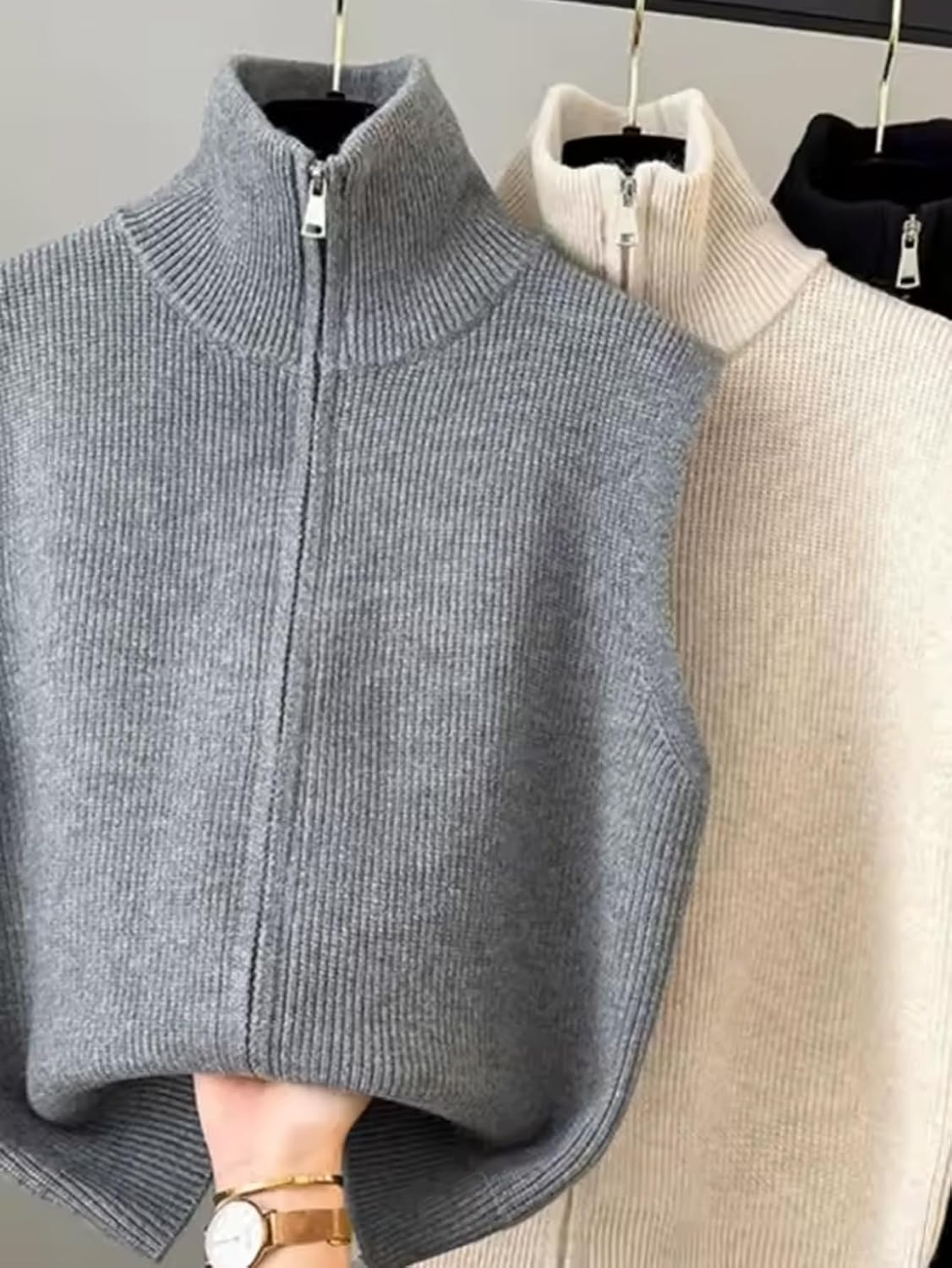Women's High Neck Zipper Knitted Cardigan Vest Women's Loose Layered Jacket Sweater Suitable for Daily Work Wear | Amazon (US)