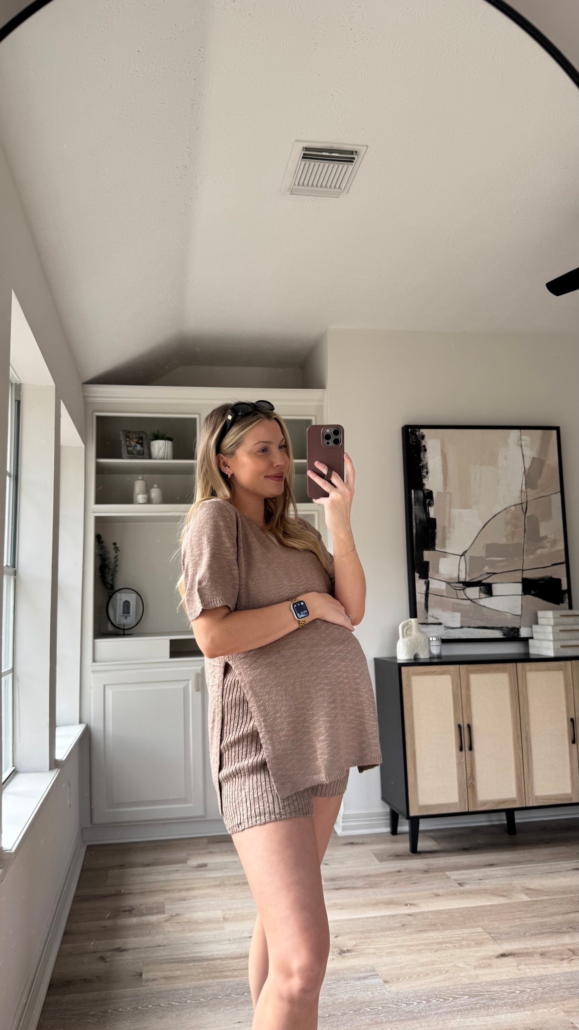 Bump Friendly Lounge Set | this set is so soft and the shorts are super stretchy and work great with the bump. Wearing size M (sized up to M at 35 weeks, typical wear a S). Size M in the sports bra tank. Sandals fit tts. 

#LTKFindsUnder50 #LTKBump #LTKStyleTip