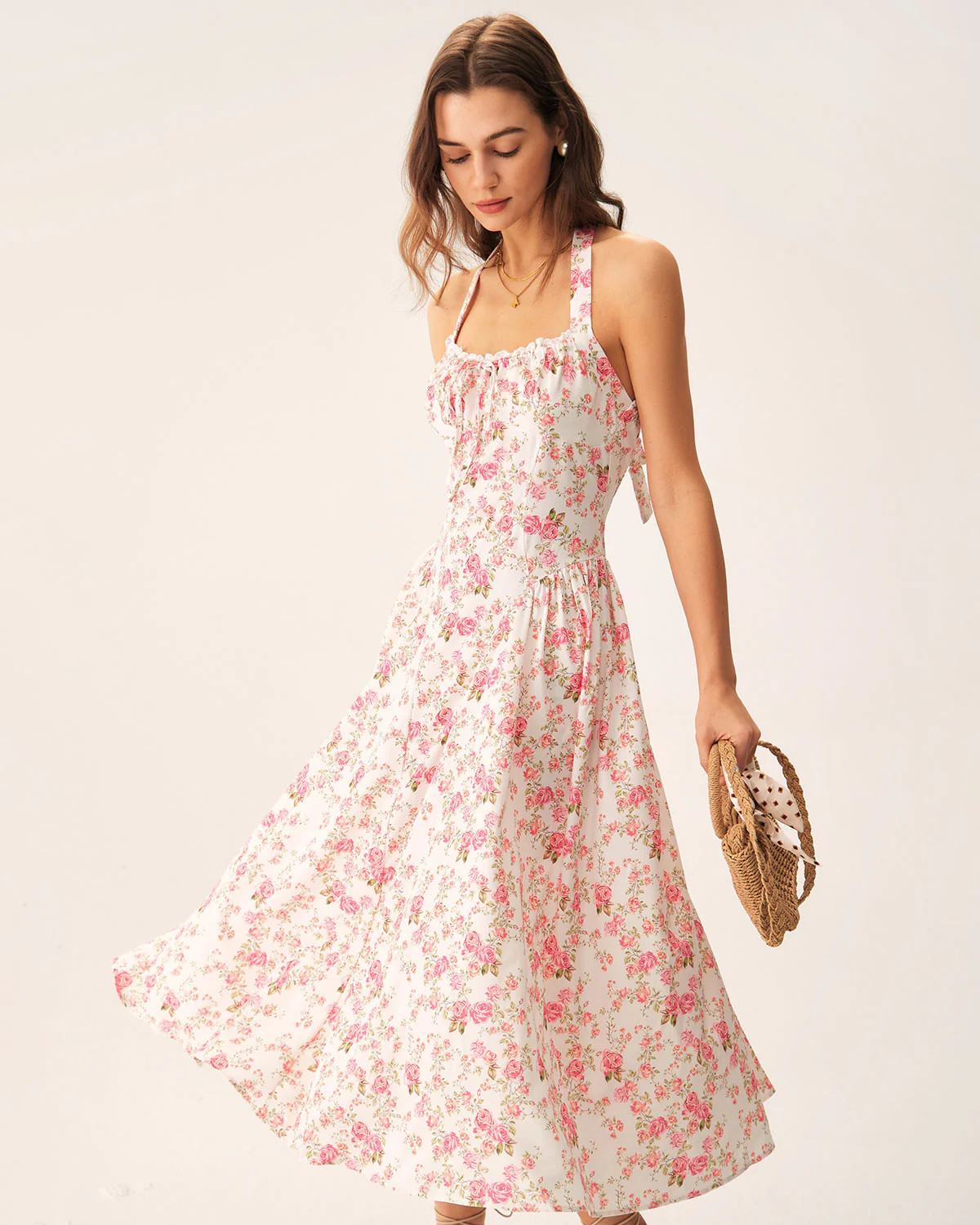 Pink Floral Halter Midi Dress | rihoas.com