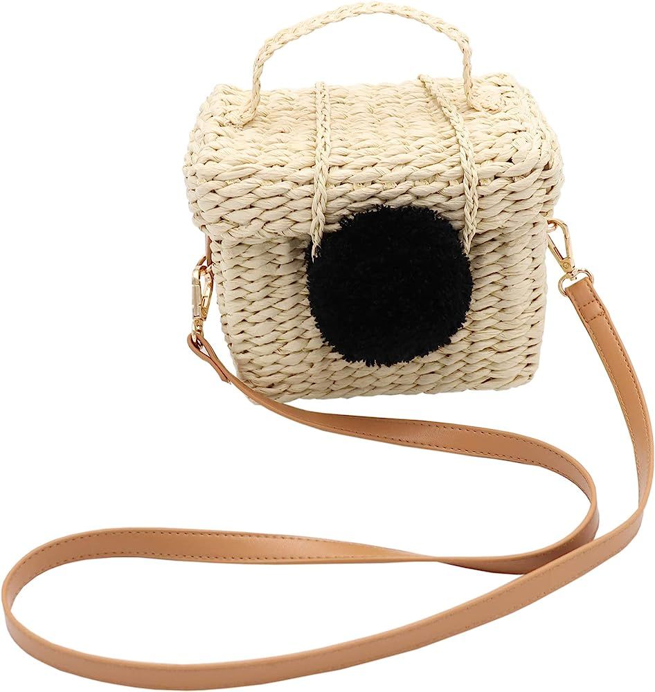 Surell Summer Straw Paper Crossbody Basket Bag with Faux Fur Pom - Hand Woven Beach Handbag - Per... | Amazon (US)