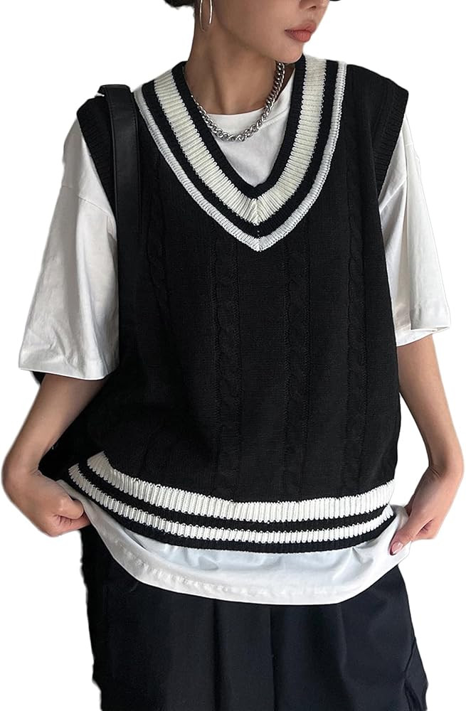 Verdusa Women's Striped Sleeveless V Neck Loose Sweater Vest Casual Knit Tops | Amazon (US)